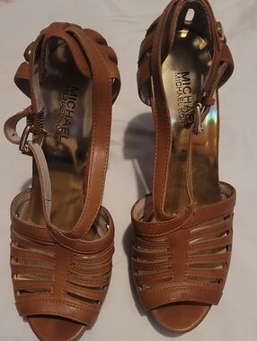 Michael Kors Cognac Strappy Leather Wedge Sandals